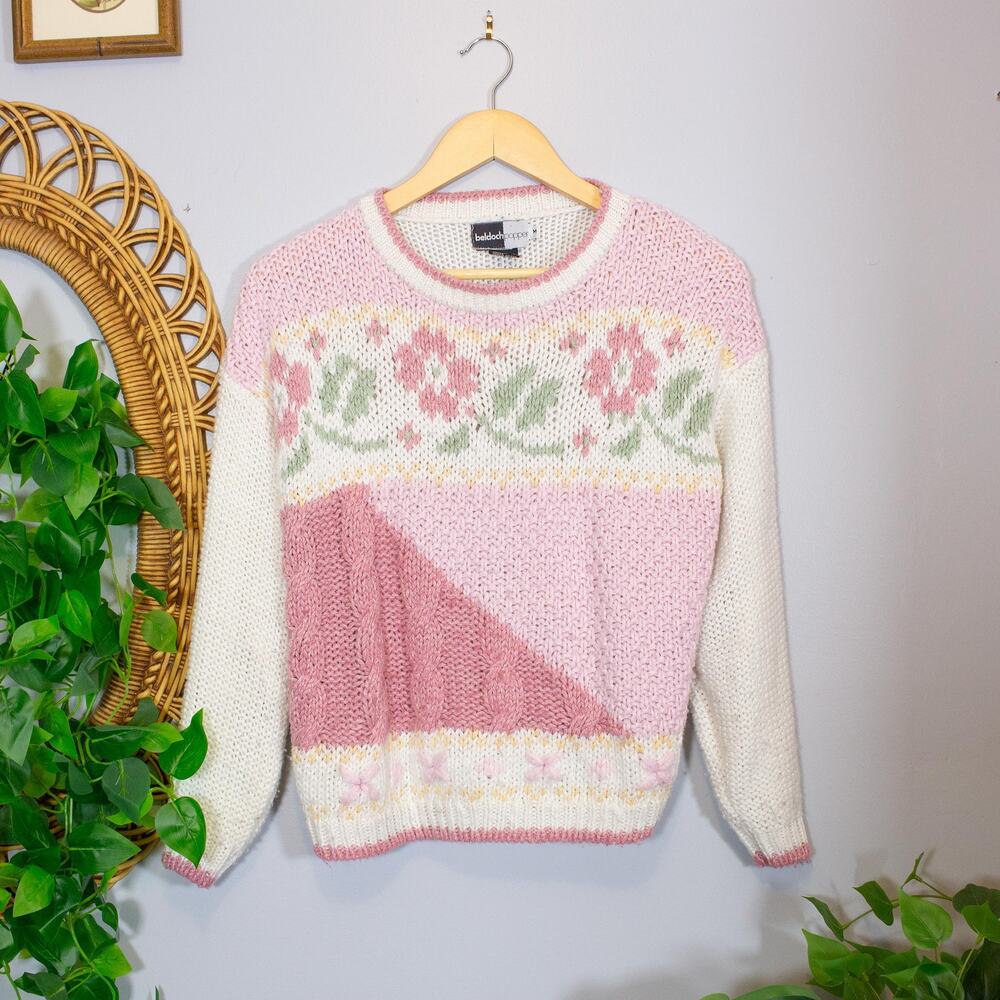 VTG 80s Floral Garland Colorblock Pastel Knit Sweater Cottagecore | Light Spring